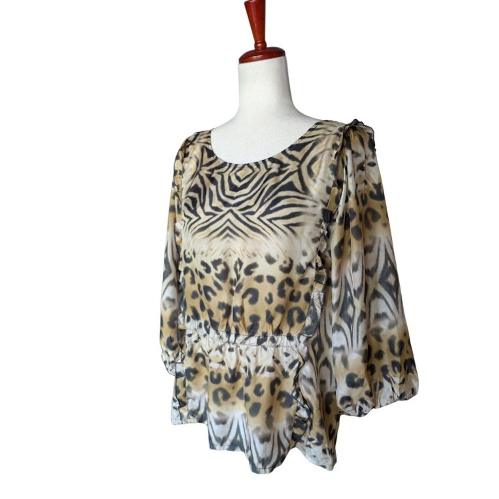Johnny Was Aisha Silk Animal‎ Print Peplum Blouse Ruffle Leopard Zebra Tan M - Picture 2 of 6